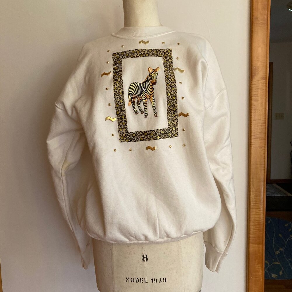 P.G.B. Zebra Sweatshirt 90s Animal Pattern Squiggle Glittery Shiny Beaded